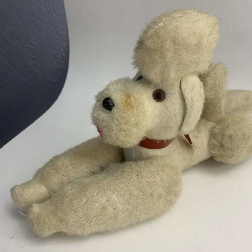 Vintage White Jointed Poodle Dog Plush Red Collar Animal Made in Japan 1966
